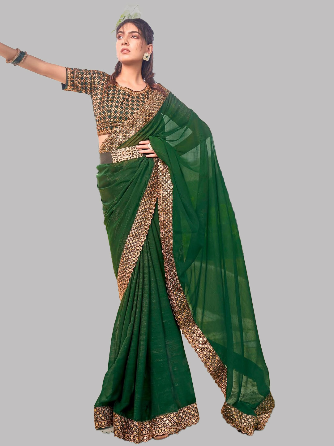 Pure Plain Chiffon Saree With Heavy Blouse