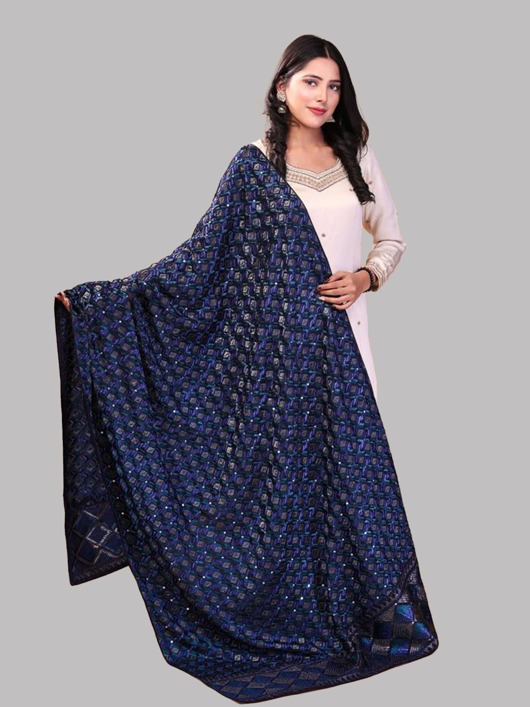Royal Blue Phulkari Dupatta Design