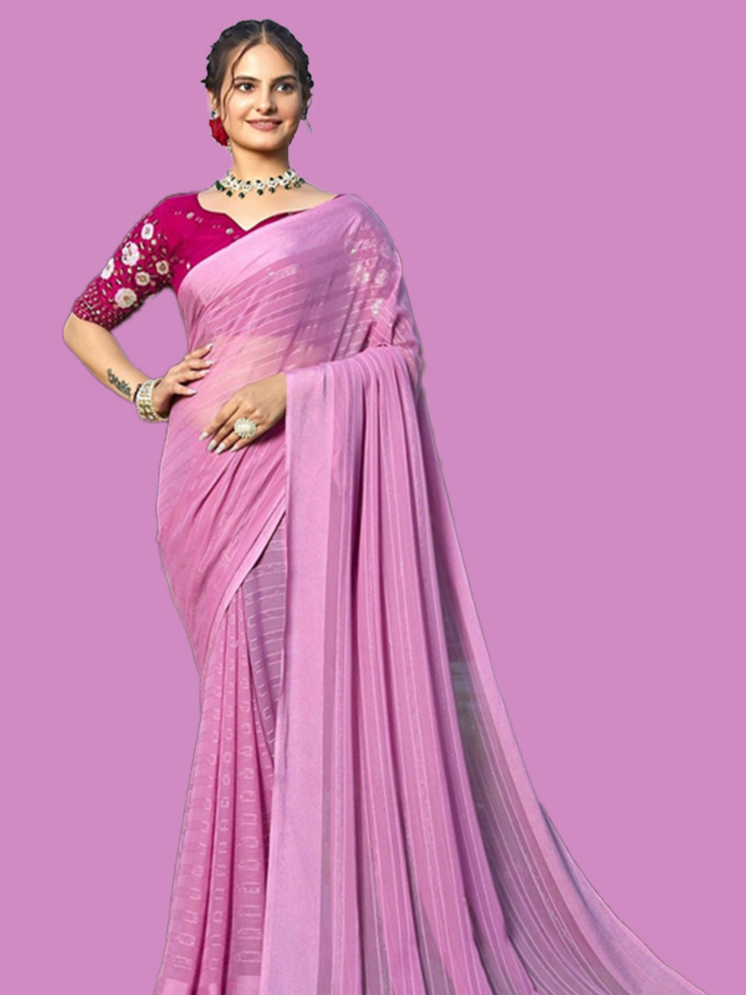 Striped Plain Chiffon Saree With Heavy Blouse