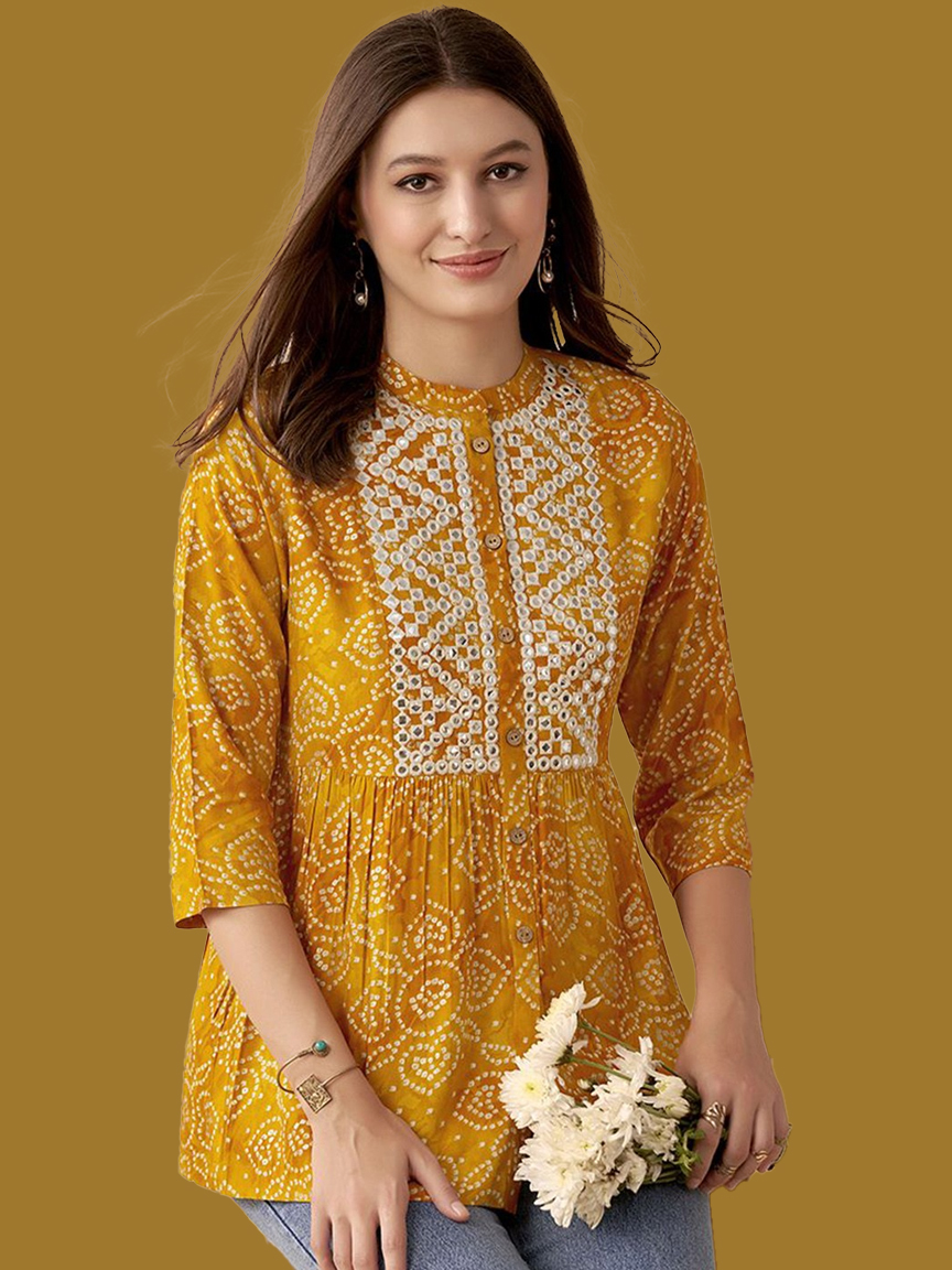 Bandhani Short Kurti To Pair With Bell Bottom Pants