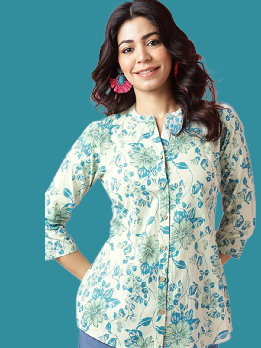 Floral Printed Short Kurti To Pair With Bell Bottom Pants