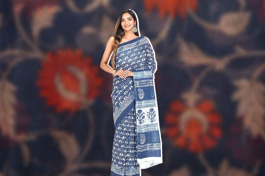 Block Print Cotton Sarees To Pair With High Neck Blouse