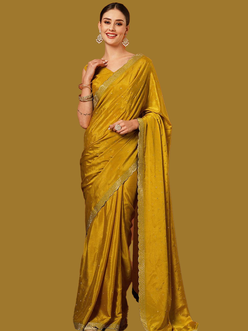 Golden Tissue Silk Saree With Heavy Blouse