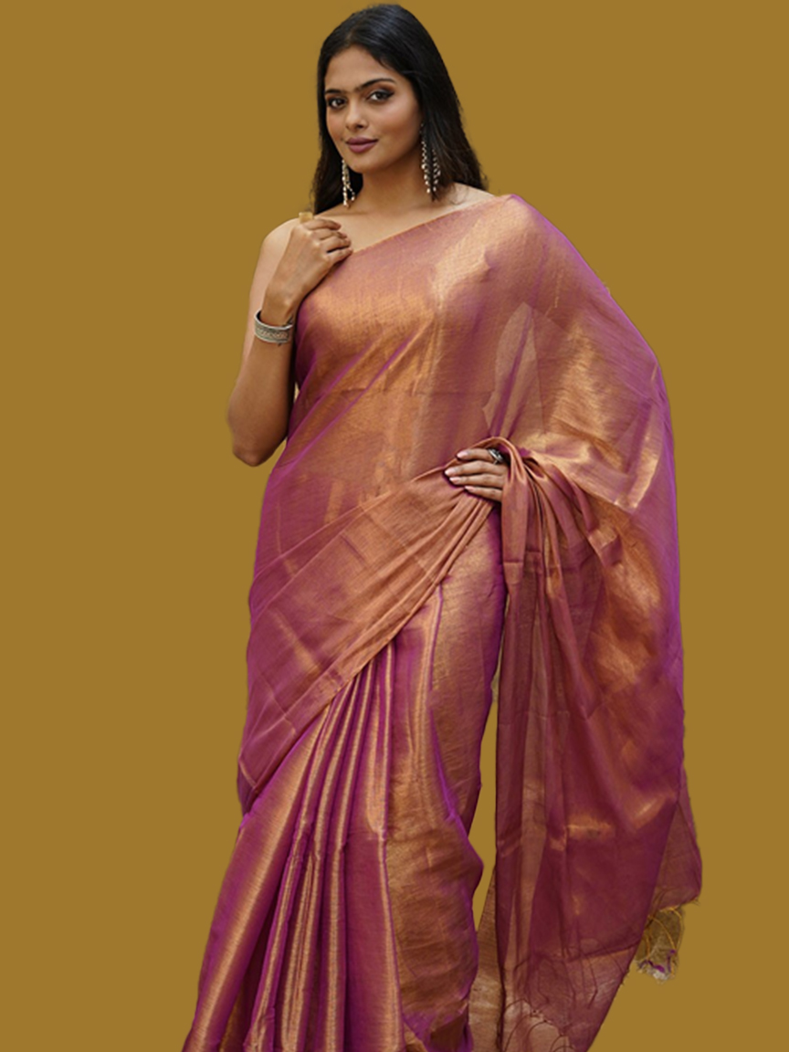 Pink Tissue Silk Saree With Heavy Blouse