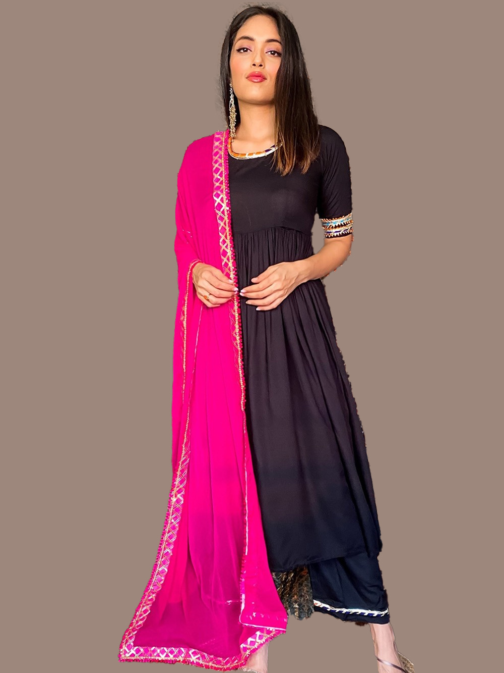 Anarkali Black Plain Suit With Heavy Dupatta