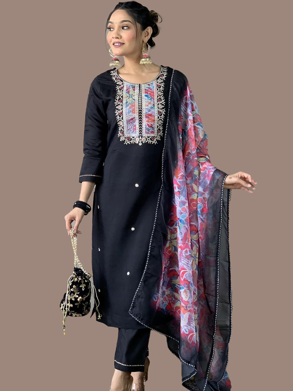 Embroidered Black Plain Suit With Heavy Dupatta