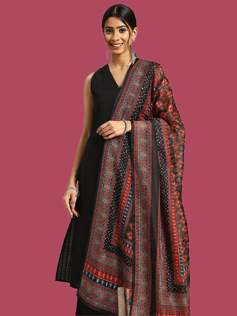 V Neck Black Plain Suit With Heavy Dupatta