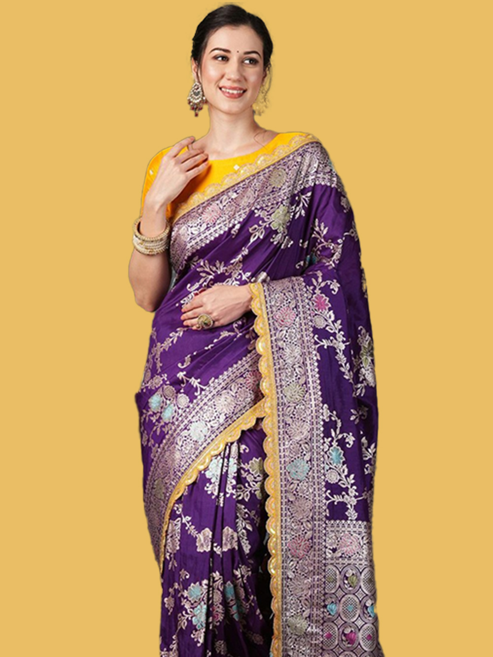 Zari Banarasi Silk Saree To Pair With U Neck Blouse