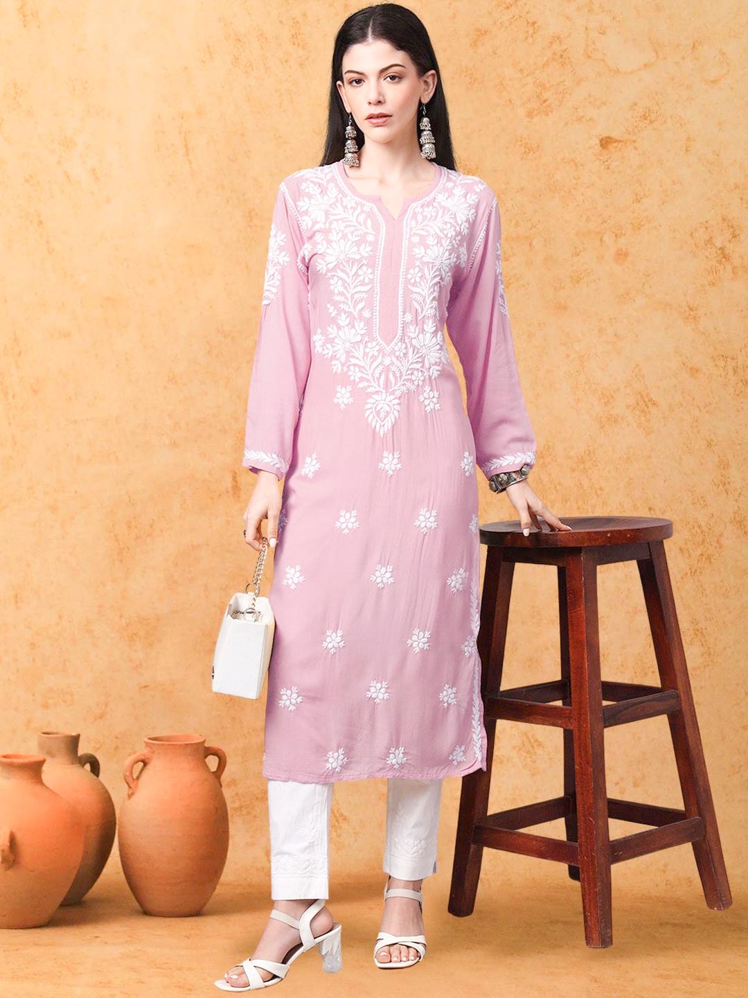 Chikankari Long Sleeves Kurti Design