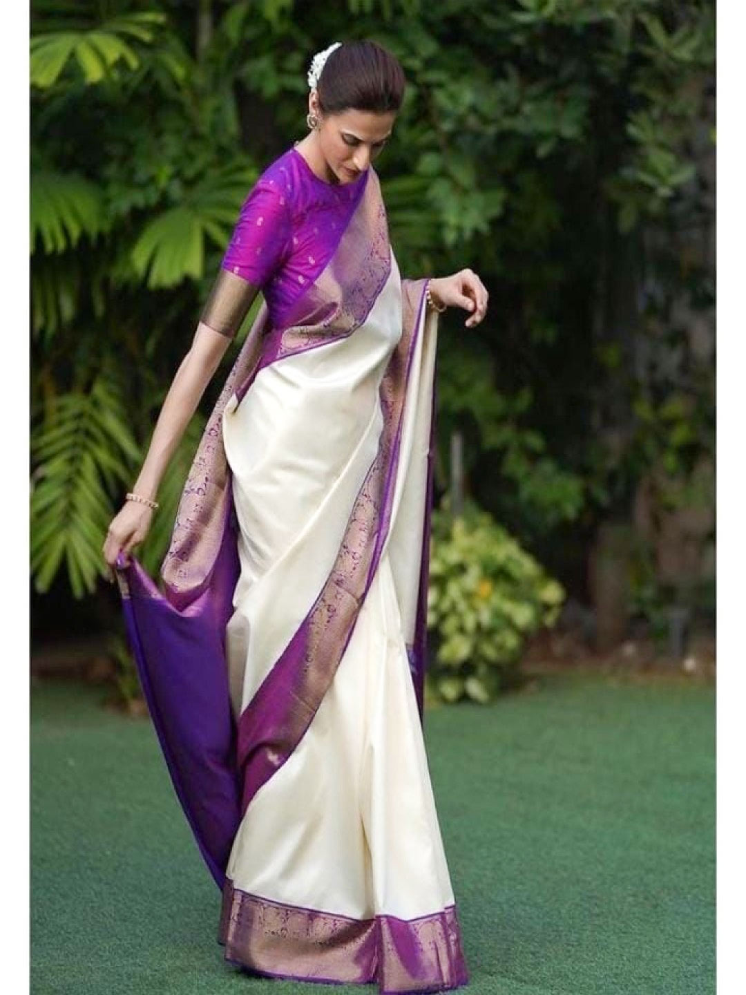 Cotton Silk White Saree With Colourful Blouse Design