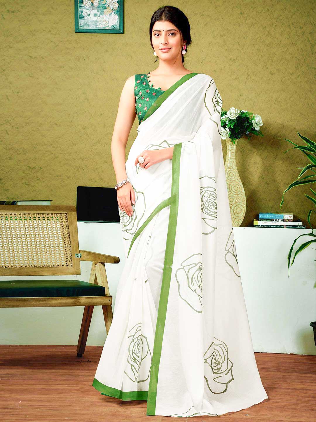 Cotton White Saree With Colourful Blouse Design