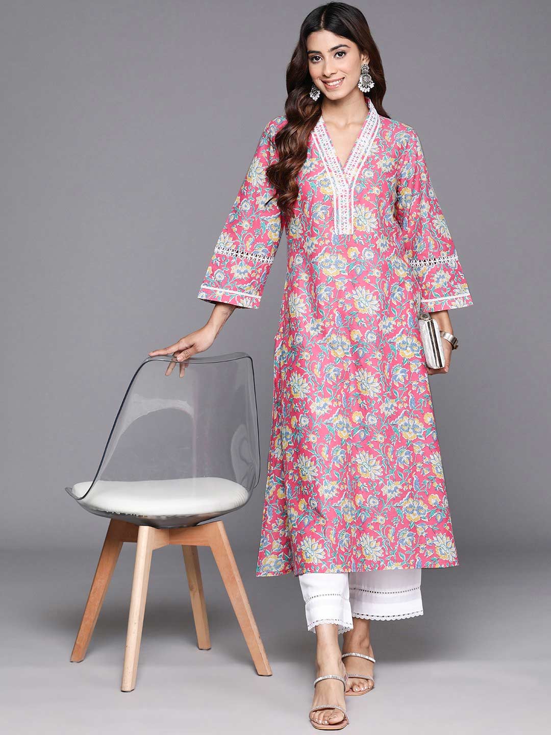 Floral Printed Pink Cotton Suit Design