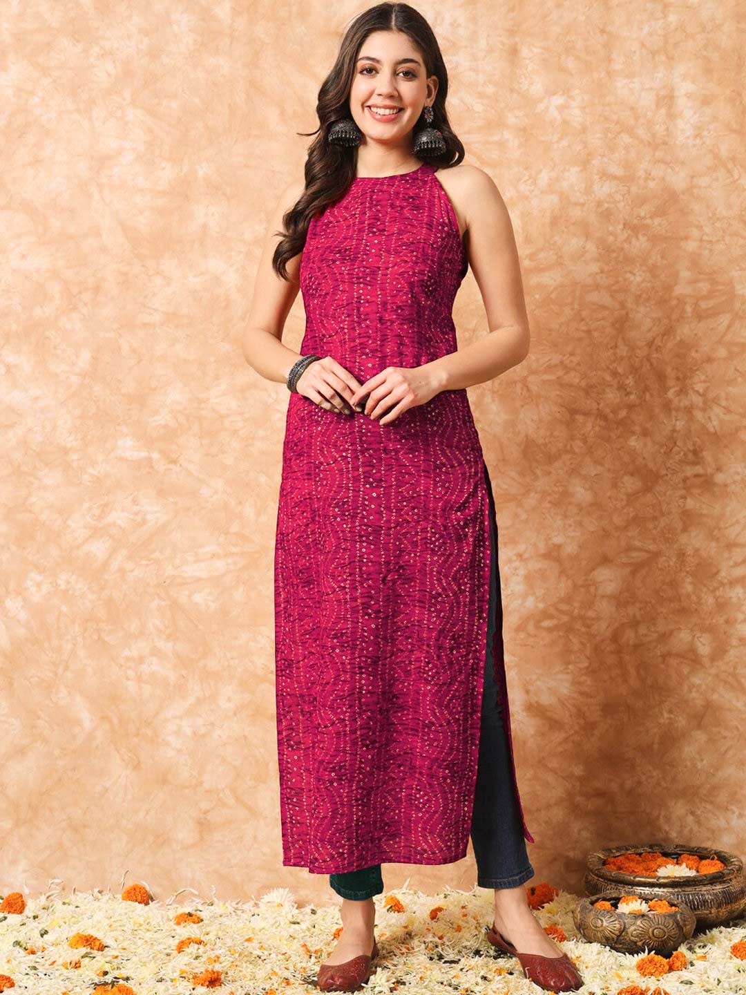 Halter Neck Pink Cotton Suit Design