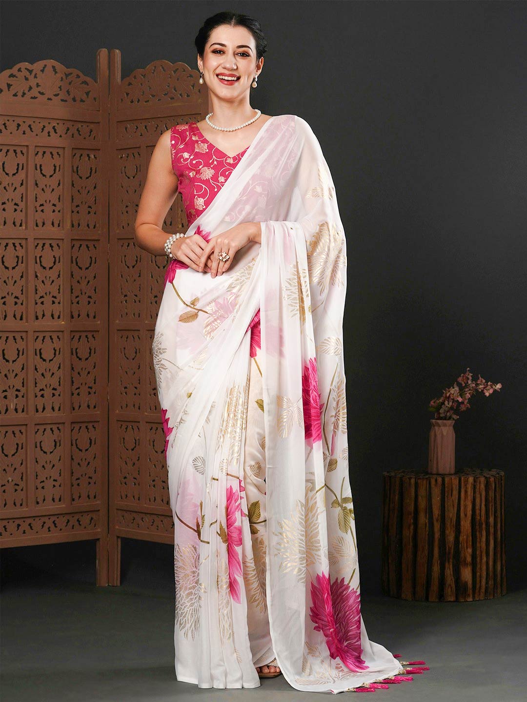 Pure Georgette White Saree With Colourful Blouse Design