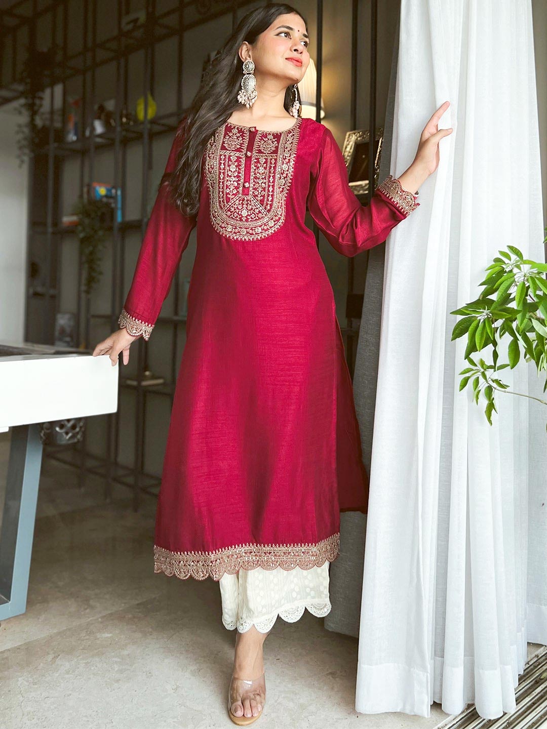 Scalloped Border Long Sleeves Kurti Design