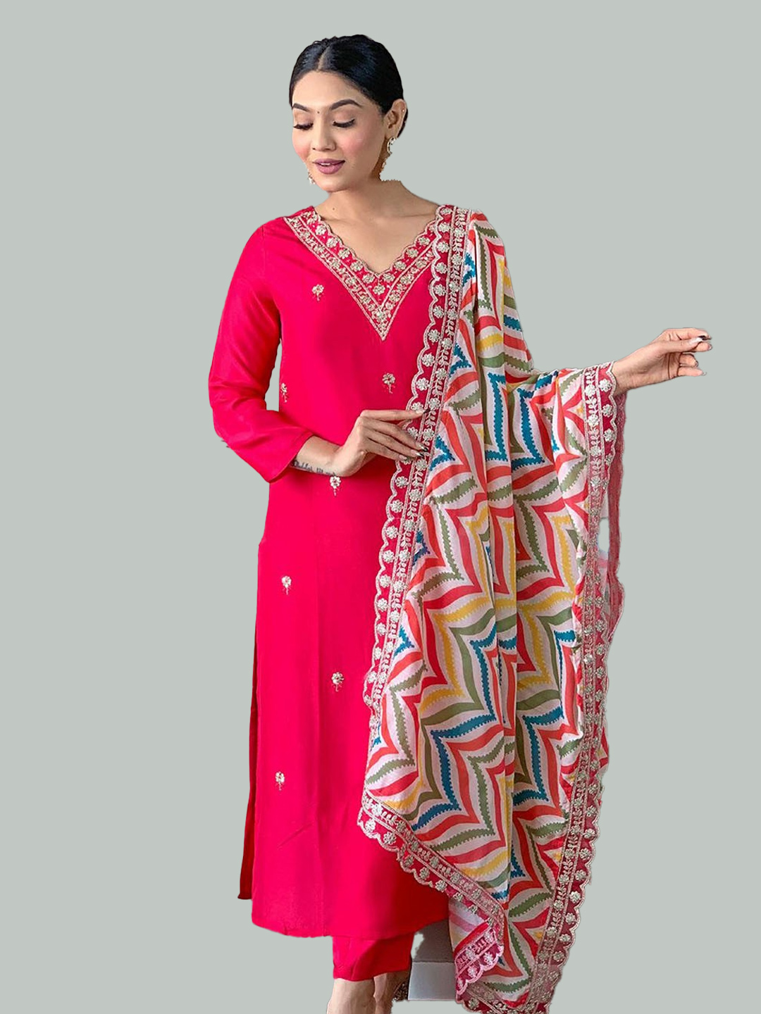 Art Silk Plain Red Suit With Contrast Dupatta