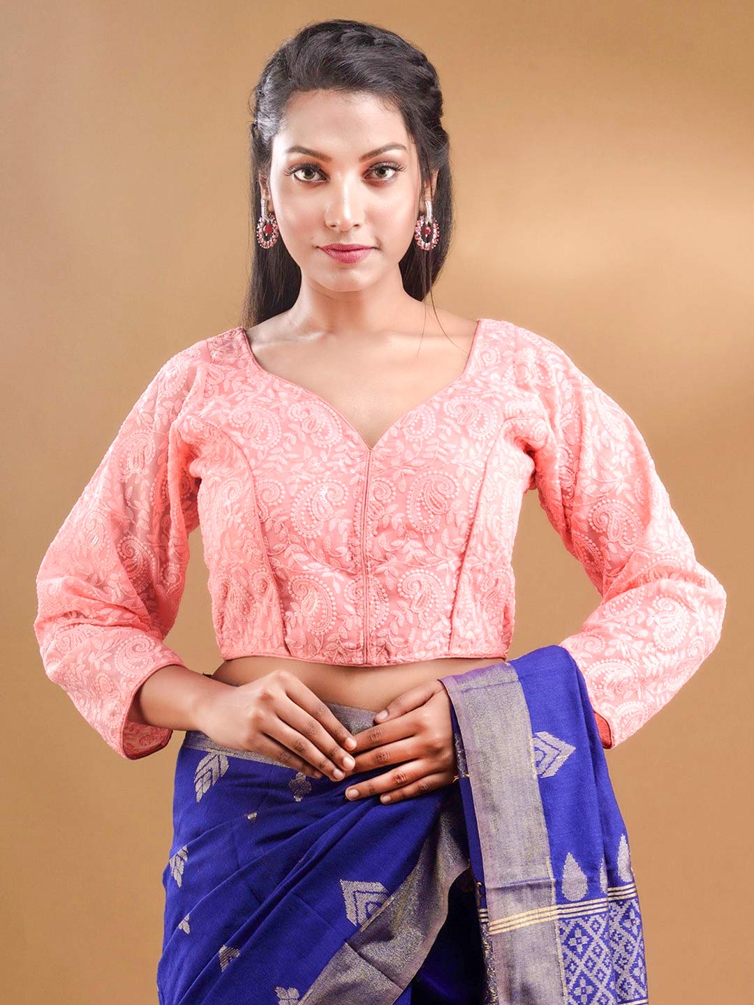 Chikankari 34th Blouse Sleeve Designs For Cotton Sarees