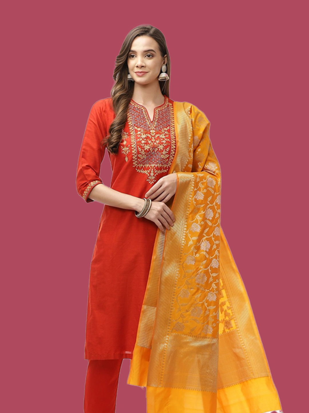 Embroidered Plain Red Suit With Contrast Dupatta