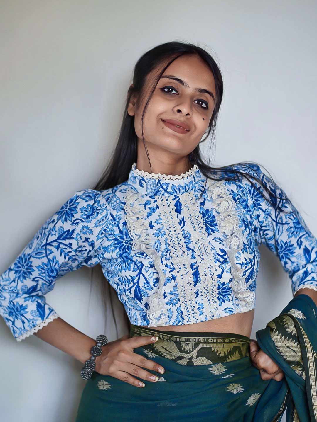 Floral 34th Blouse Sleeve Designs For Cotton Sarees