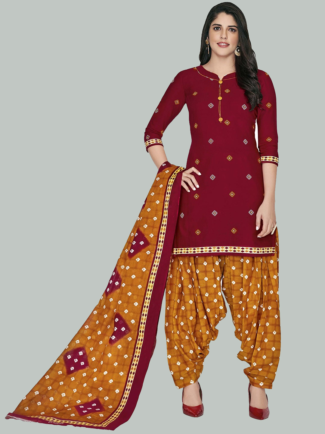 Pure Cotton Plain Red Suit With Contrast Dupatta