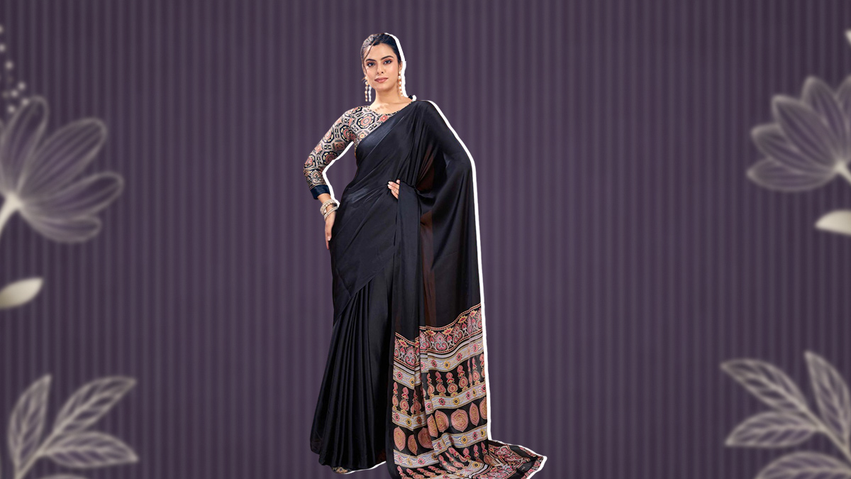 Block Printed Black Saree With Colourful Blouse Design