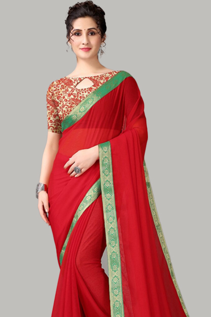 Plain Red Saree With Green Border For Sawan