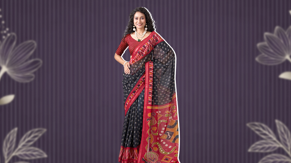 Pure Cotton Black Saree With Colourful Blouse Design