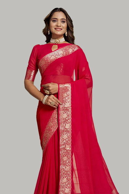 Pure Georgette Plain Red Saree Design For Sawan