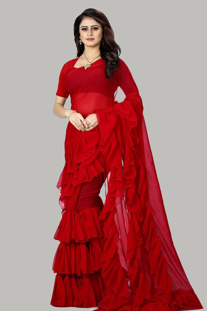 Ruffle Plain Red Saree Design For Sawan