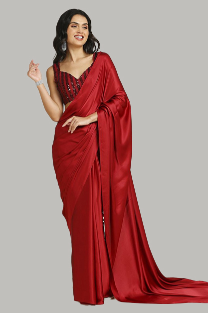 Satin Plain Red Saree Design For Sawan