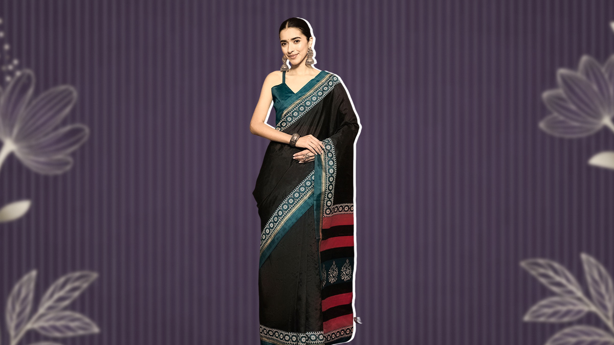 Silk Black Saree With Colourful Blouse Design