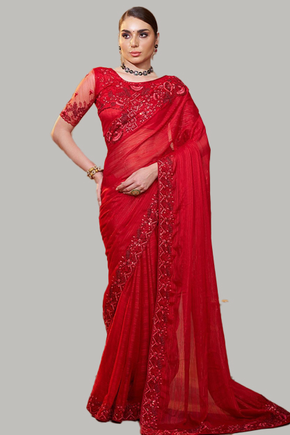 Silk Plain Red Saree Design For Sawan