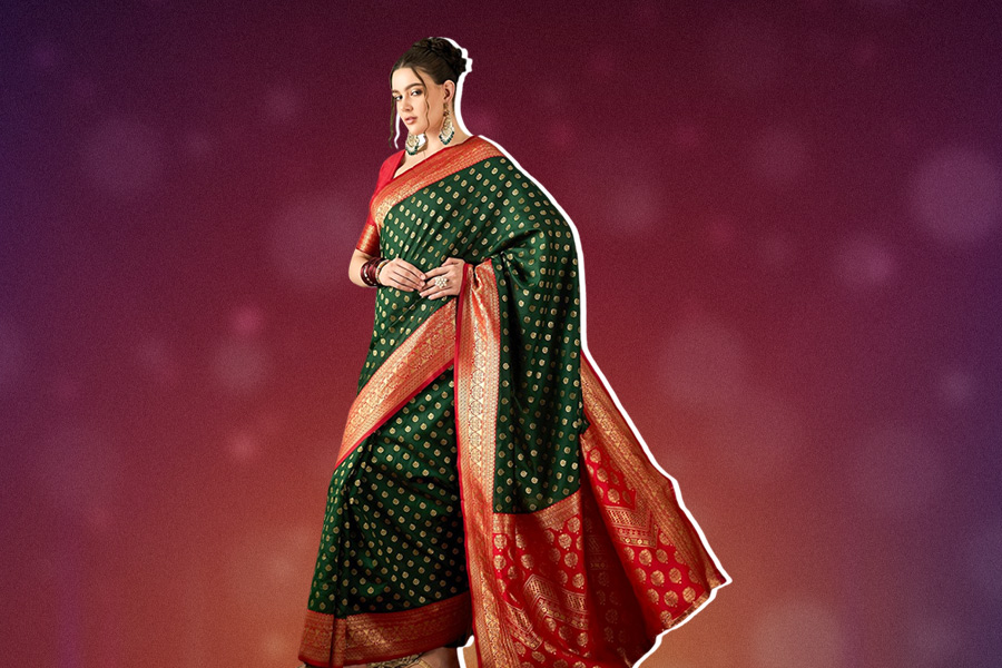 Art Silk Plain Green Saree With Red Blouse Design