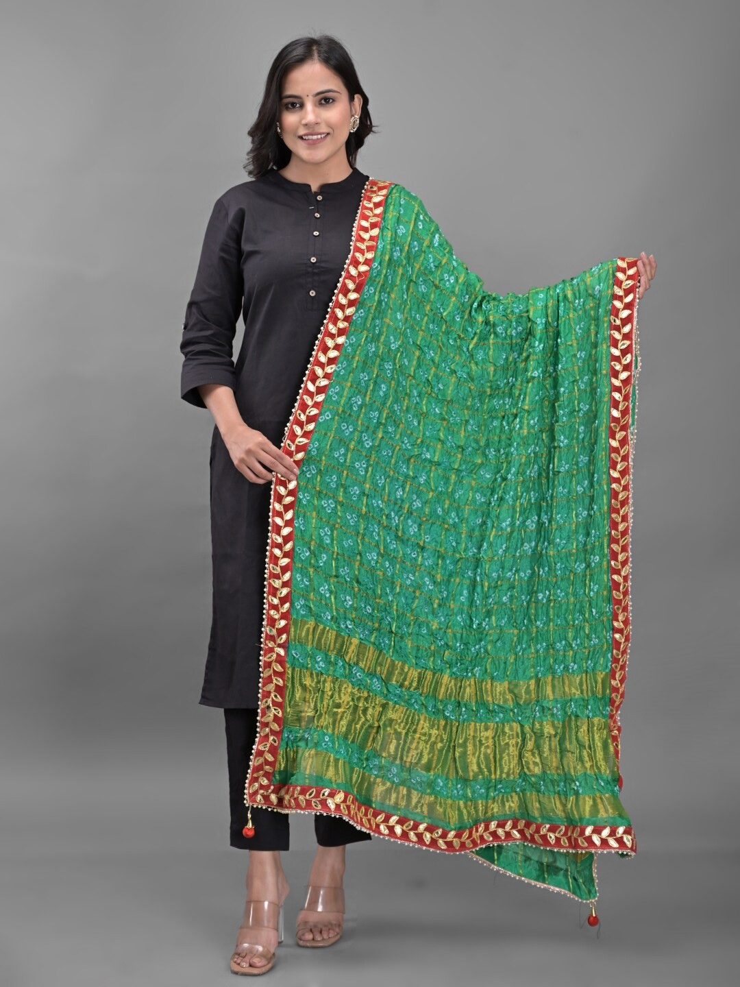 Bandhani Printed Dupatta Design With Plain Black Suit