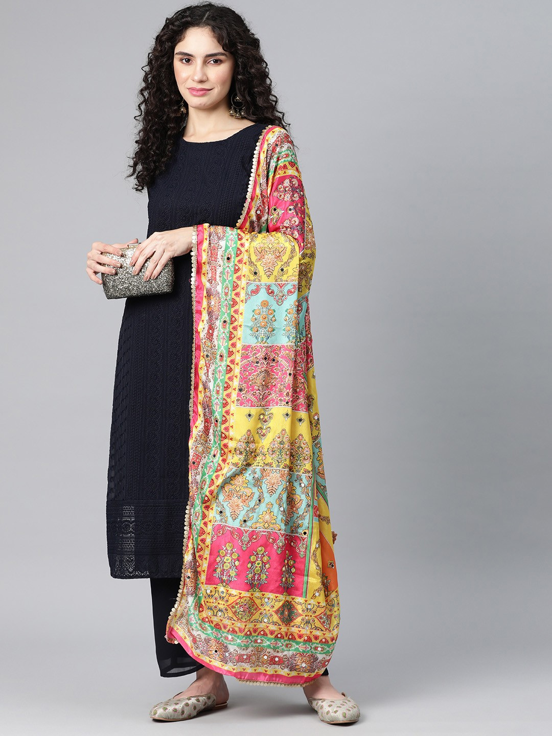 Mirrorwork Printed Dupatta Design With Plain Black Suit