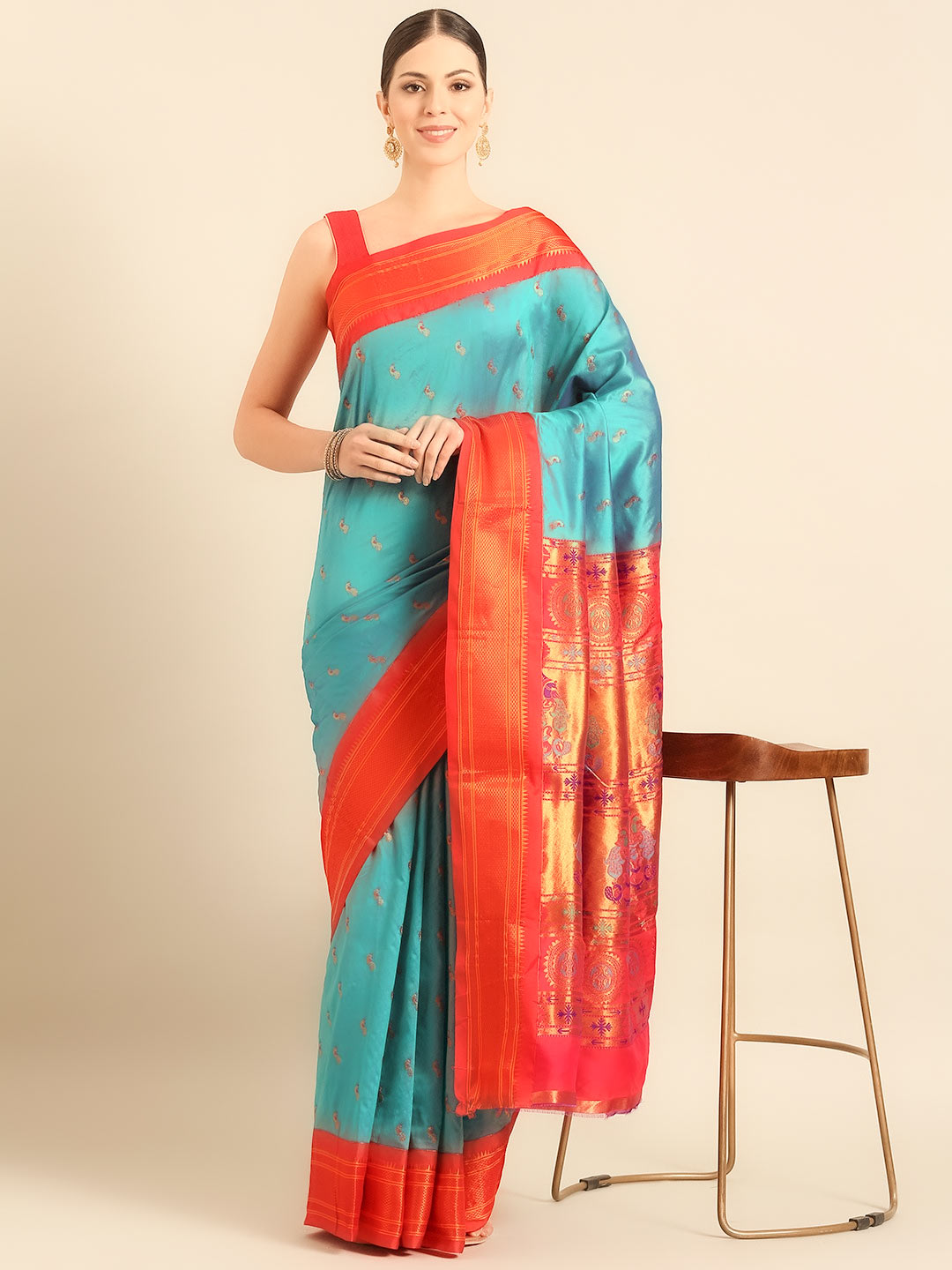 Paithani Peacock Colour Saree With Contrast Blouse Design