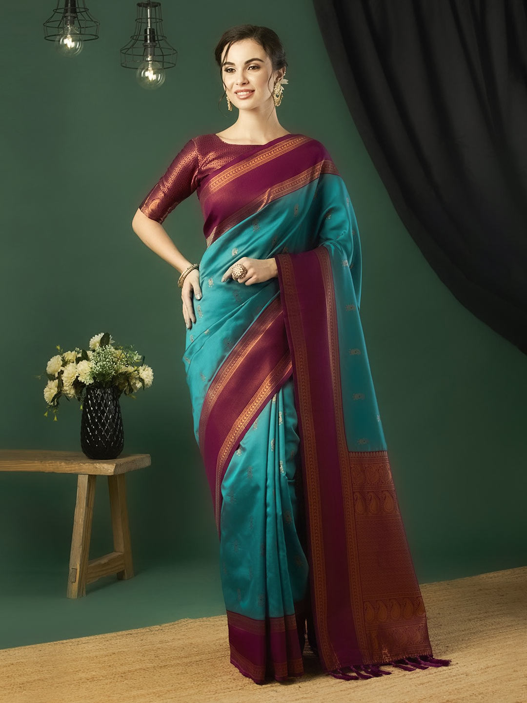 Pure Silk Peacock Colour Saree With Contrast Blouse Design