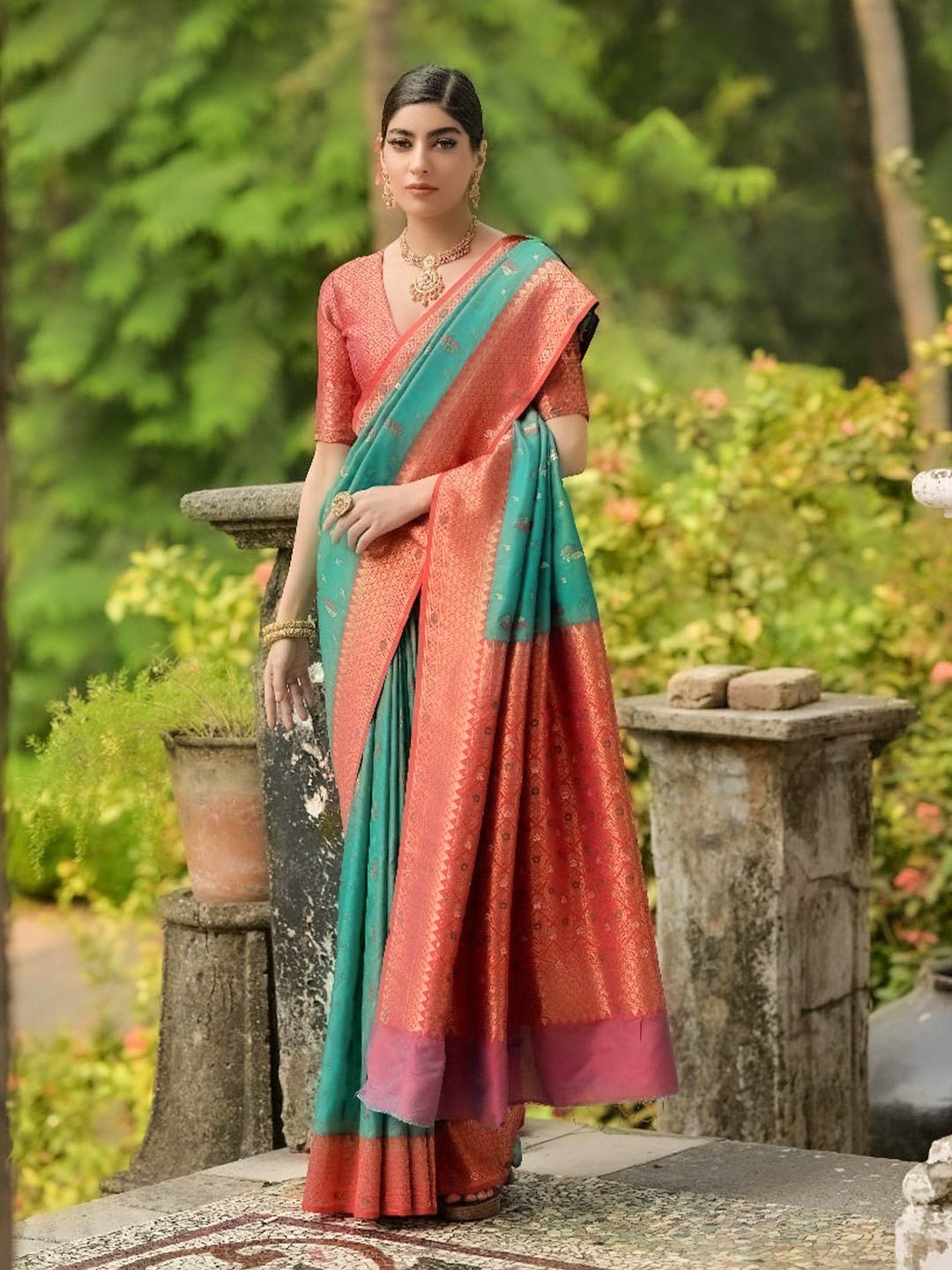 Silk Peacock Colour Saree With Contrast Blouse Design