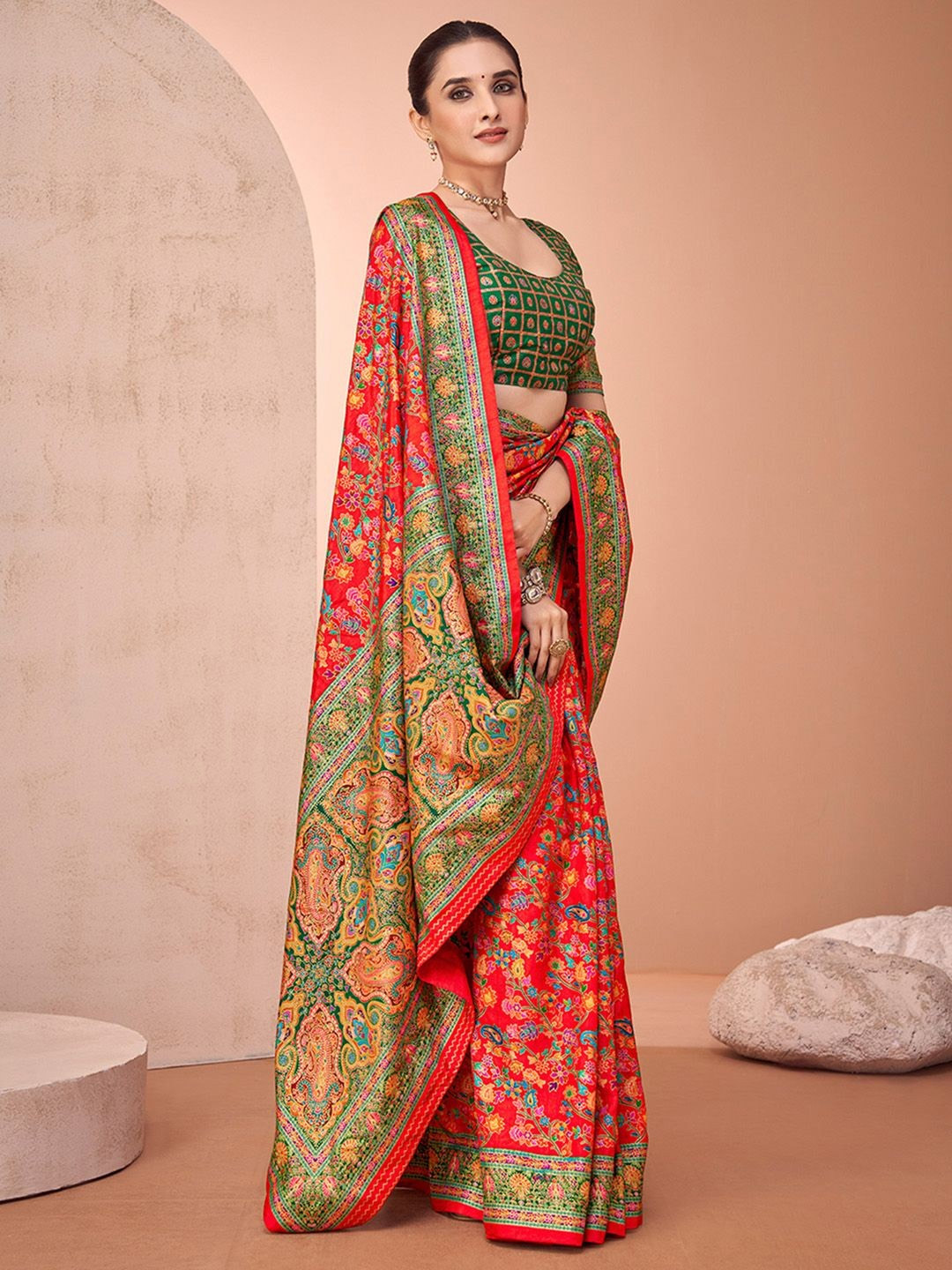 Floral Printed Plain Red Saree With Green Border Design