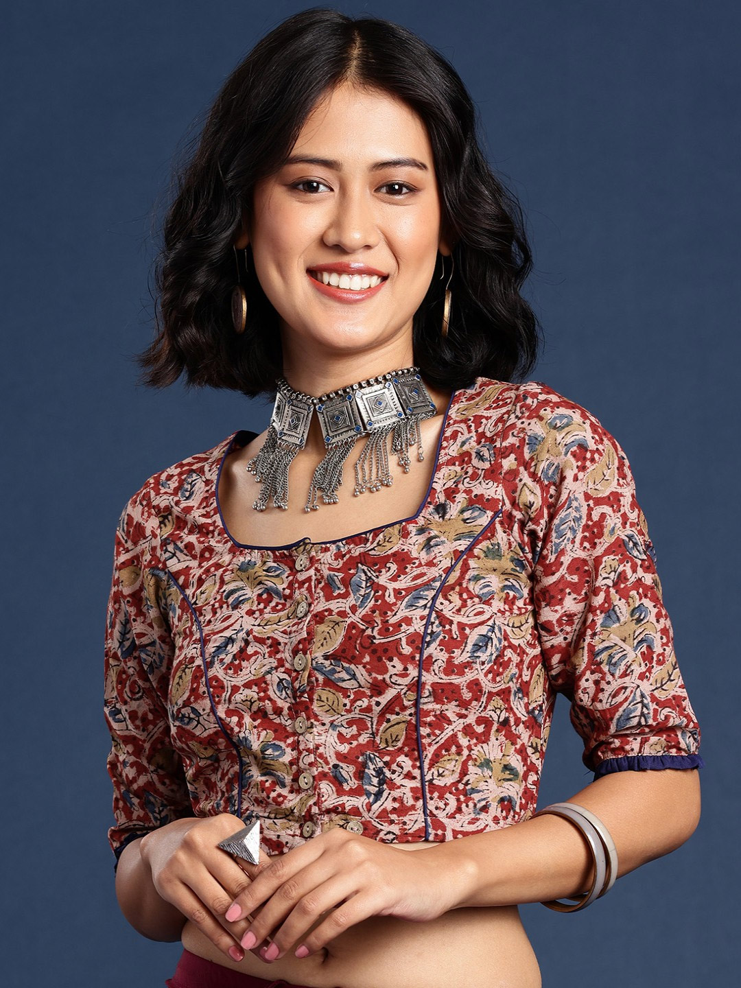 Red Kalamkari Printed Cotton Square Neck Blouse Design