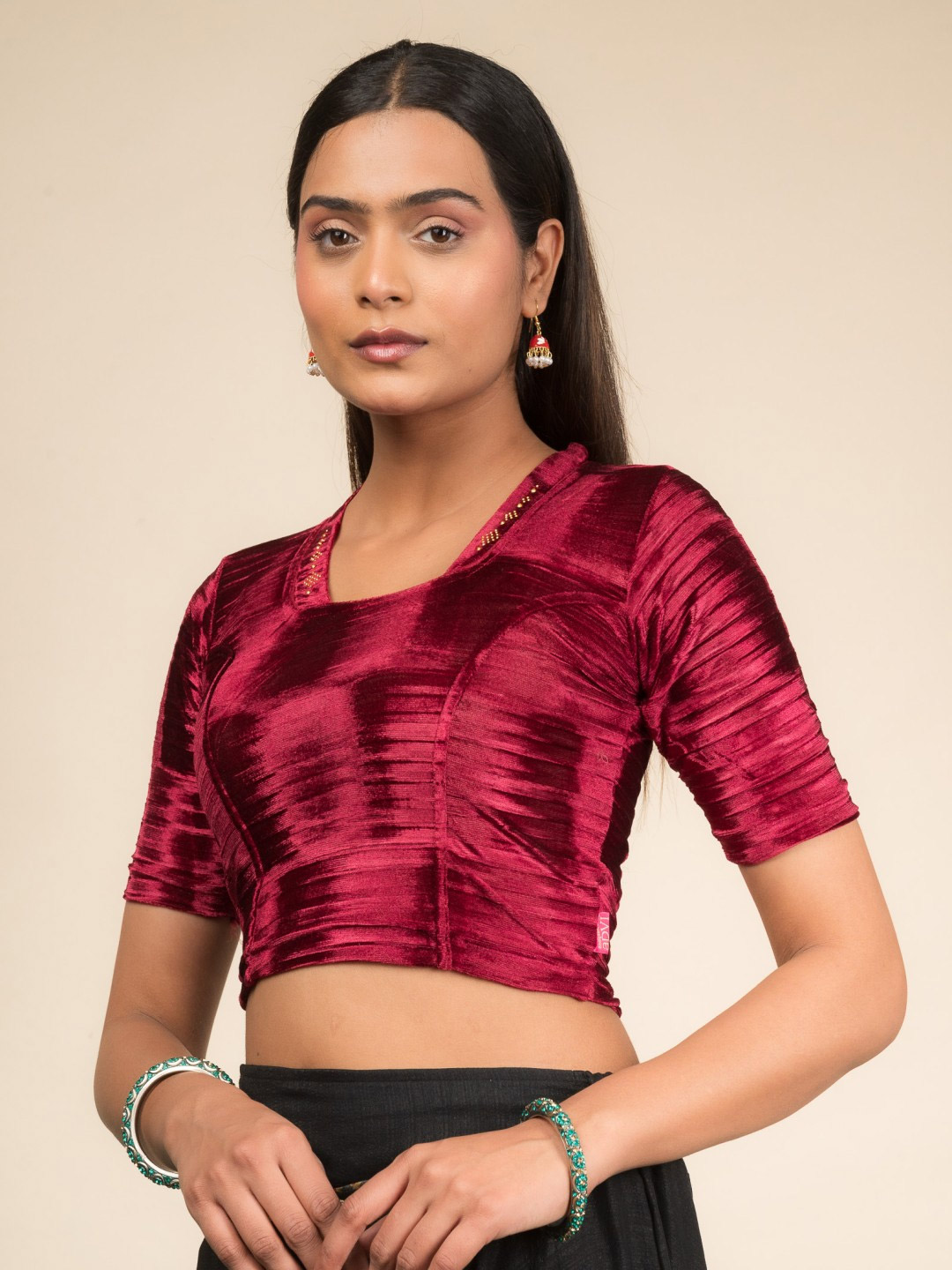 Velvet Maroon Square Neck Blouse Design
