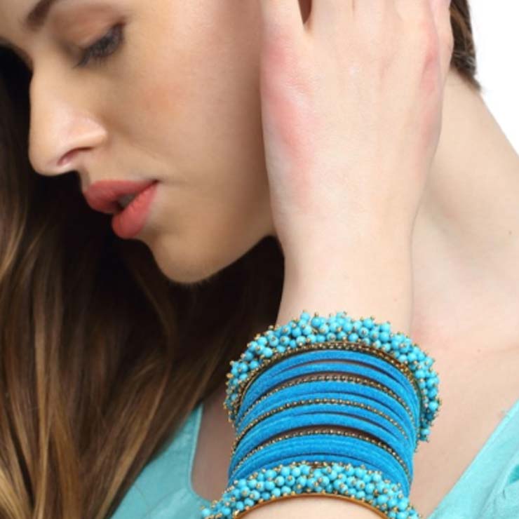 Blue Contrast Bangles For Pink Saree