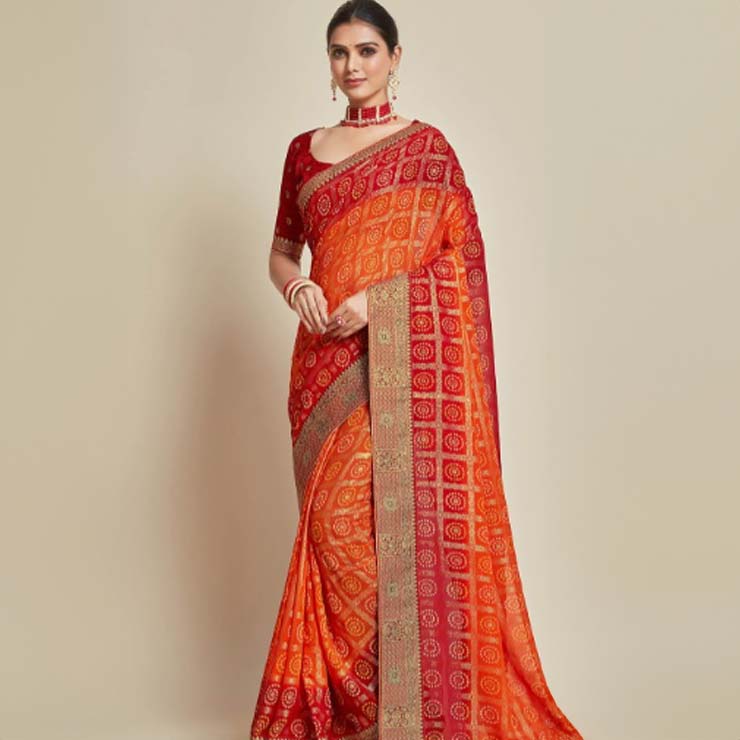 Pure Georgette Orange Bandhani Saree Design