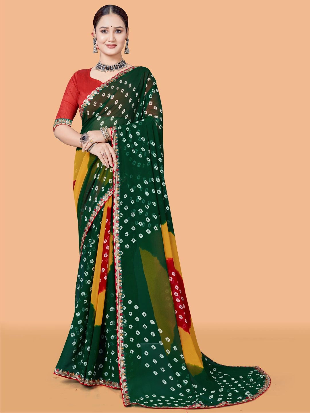 Green And Red Multicolour Saree Design For Sawan