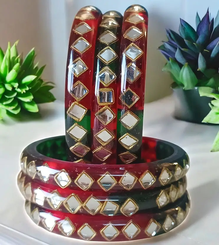 Mirrorwork Red And Green Resin Bangles Design