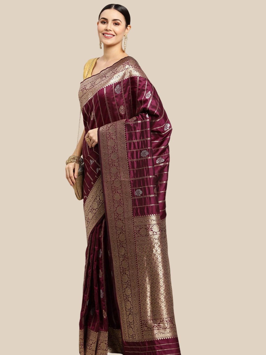 Banarasi Maroon Saree Contrast Blouse Design
