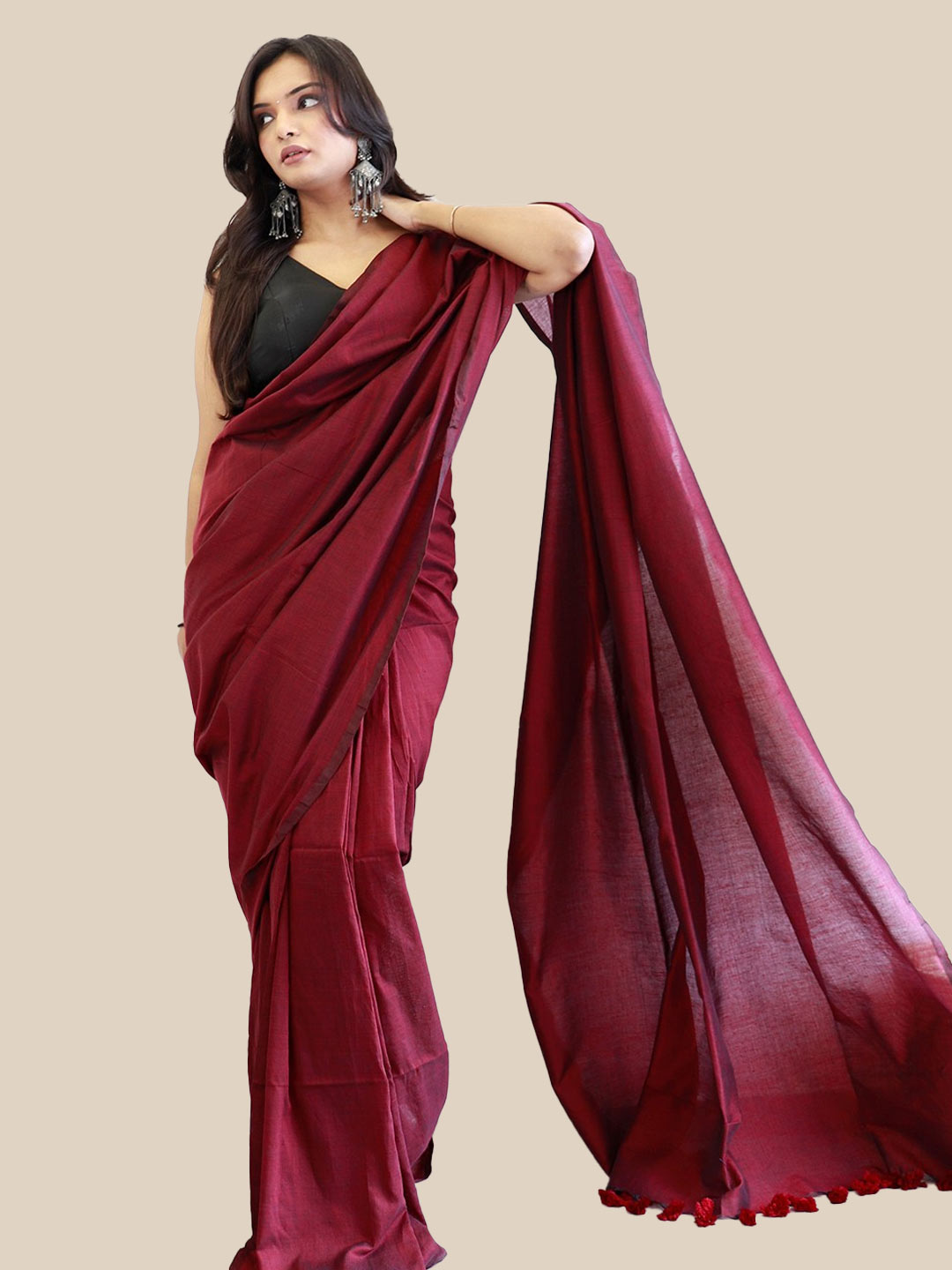 Cotton Maroon Saree Contrast Blouse Design