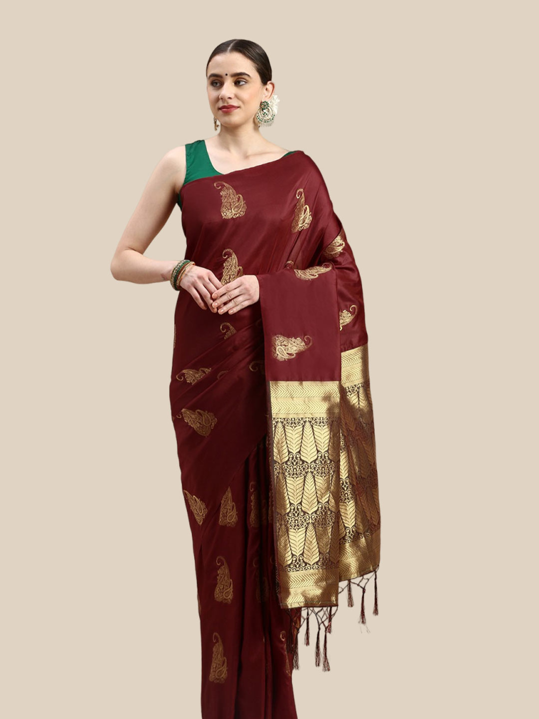 Pure Silk Maroon Saree Contrast Blouse Design