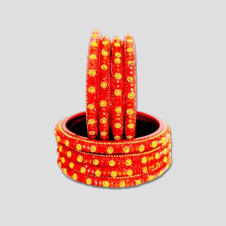 Red Bangle Set With Golden Embellishments