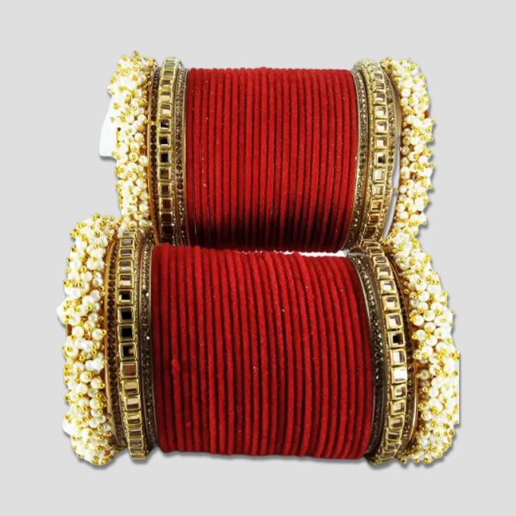 Red Velvet Bangle Set With White Kangan